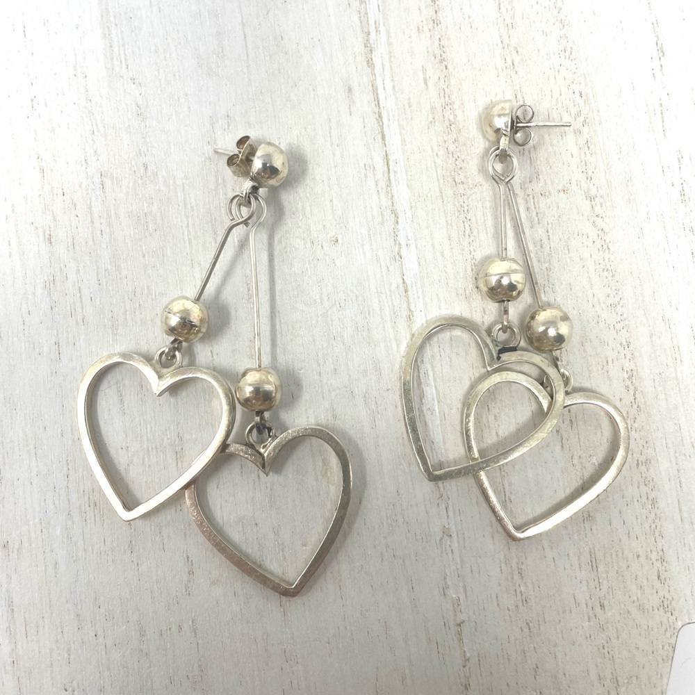 Sterling Silver Double Heart Dangle Post Earrings… - image 7